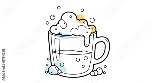 A delightful glass of bubbly refreshment overflowing with foam and scattered droplets suggesting a cool invigorating drink perfect for a warm day