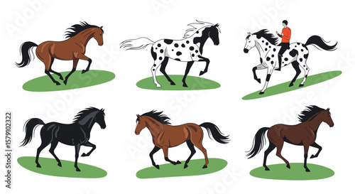 Collection of six diverse horses galloping across grassy fields in a dynamic artistic illustration style