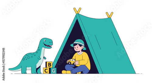 Happy boy playing with toy dinosaur and blocks inside tent