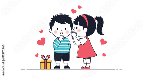 Cute little boy and girl sharing a secret next to a gift box surrounded by hearts