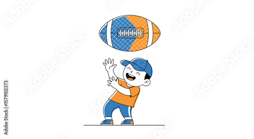 A young boy attempts to catch a football under the sky