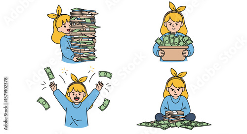 Happy girl enjoying a large amount of cash money celebrating financial success with banknotes