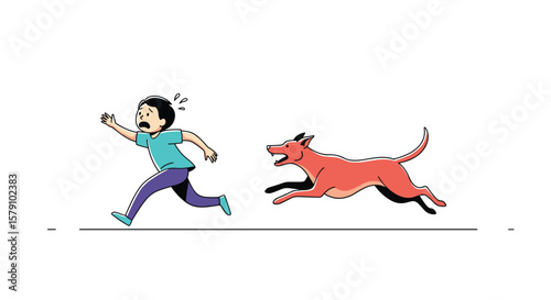 Frightened person running away from aggressive dog on white background