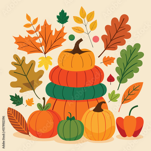 Vector illustration of autumn pumpkins and fall leaves, perfect for Thanksgiving or Halloween designs