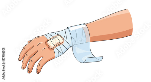 A person applying a bandage to their wrist and hand for support and protection