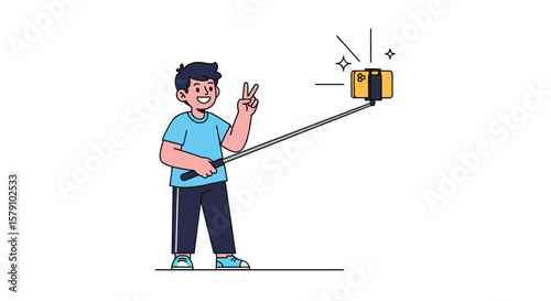 Young man taking a selfie with a selfie stick and his smartphone showing he is happy and making peace sign
