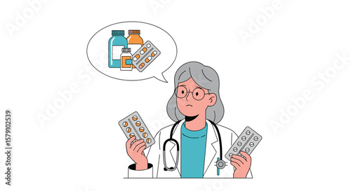 Confused doctor holding pills and thinking about medication options for patient care