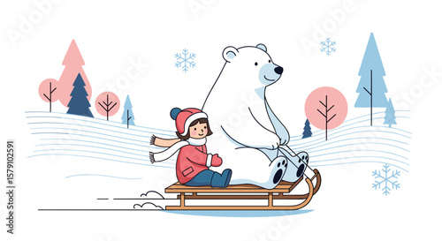 A girl rides a sled with a polar bear through a winter wonderland