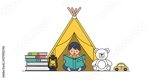 Young boy reading a book in a tent surrounded by toys and books enjoying his playtime and learning