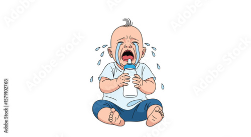 Animated baby crying holding bottle sad little child with tears and milk container