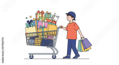 Young boy pushing a full shopping cart with many gifts and bags toward a bright future