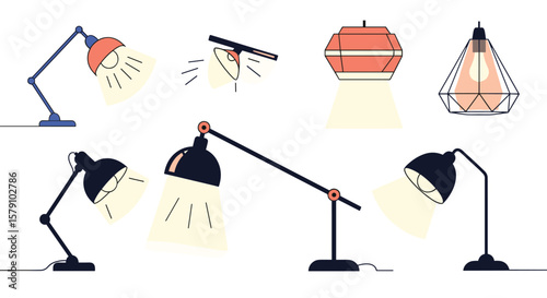 Collection of modern lighting fixtures displaying various styles and illumination effects
