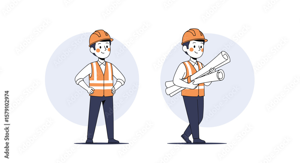 Construction worker inspecting blueprint for building project development Construction worker inspecting blueprint for building project development