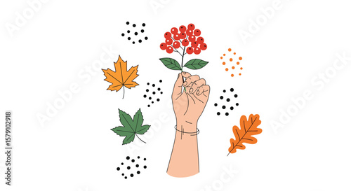 Autumn hand holding rowan berry branch with falling leaves and dots illustration