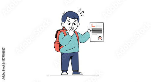 Young student feeling worried holding a report card with a bad grade thinking about his parents reaction