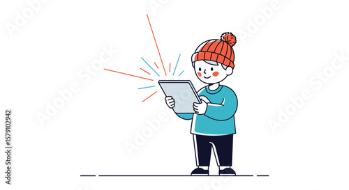 Young child wearing a hat engrossed in a digital tablet with bright lights emanating from the screen
