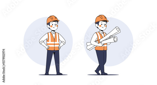 Construction worker inspecting blueprint for building project development
