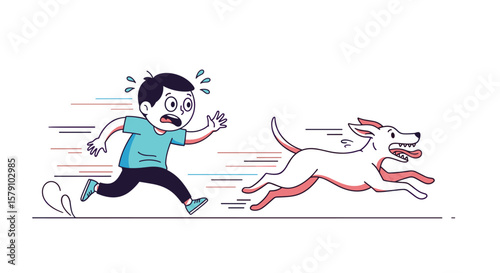 Scared child running from aggressive dog on white background