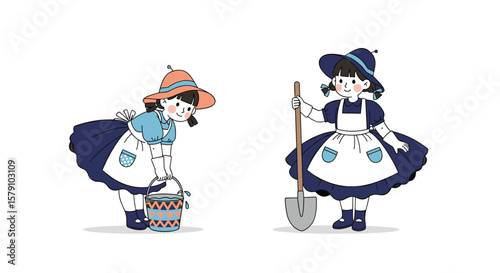 Two girls enjoying outdoor activities with gardening tools and buckets