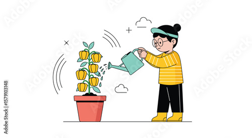 Child waters lemon tree growing abundant fruit in pot with watering can outdoor