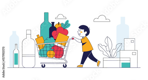 Happy child pushes full shopping cart with groceries and bottles at store