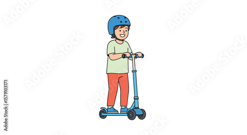 Kid riding blue scooter wearing blue helmet and orange pants outdoors
