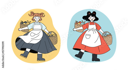 Two girls in vintage dresses carrying baskets of produce illustration art
