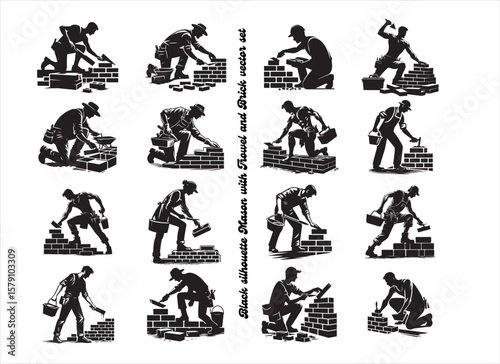 Mason Bricklayer Silhouette with Trowel in Action – Brick Wall Construction Worker Vector