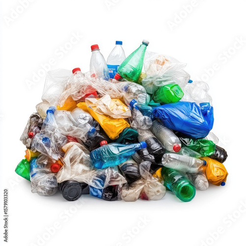 Pile of plastic waste bottles and bags scattered on white