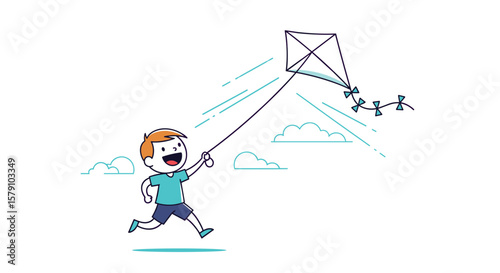 A young boy happily running outdoors flying a diamond shaped kite on a sunny day with clouds and a few people far in the distance