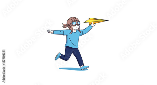 Young aviator with paper airplane takes flight on a sunny day