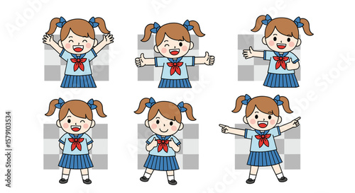 Collection of cute cartoon girls in school uniform expressing various emotions and poses