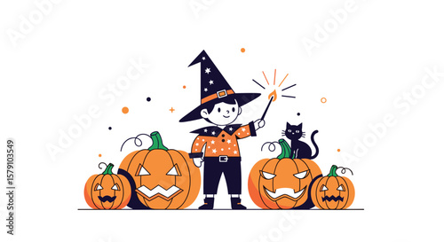 Halloween trick or treat kid witch and pumpkins spooky night fun