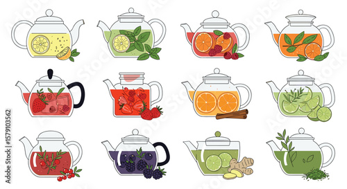 A collection of infused teapots featuring fresh fruits herbs and spices for flavorful beverages