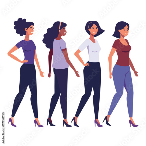 Collection of five diverse young people full body silhouettes in various poses
