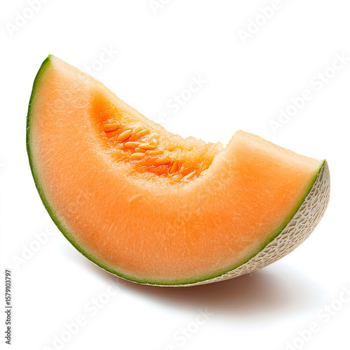 Juicy ripe cantaloupe slice with seeds and textured rind