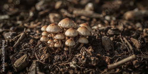 A cluster of small mushrooms growing on the forest floor among wood chips and decaying organic matter