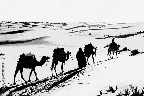 Black and white sketch illustration of a desert caravan with camels crossing sandy dunes under bright sun. This desert caravan showcases silhouettes of travelers with pack animals in arid landscape.