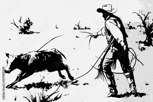 Cowboy lassoing a calf in this black and white illustration, depicting rugged determination and a strong connection to ranching traditions.