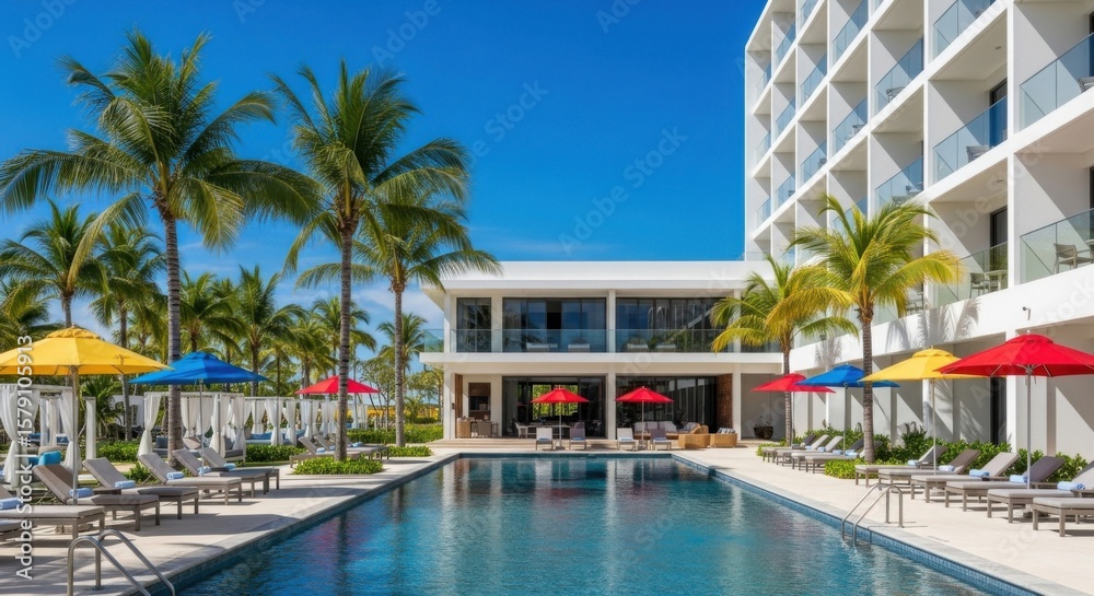 Luxury Tropical Resort With Palm Trees Pool And Modern Hotel Building Luxury Tropical Resort With Palm Trees Pool And Modern Hotel Building