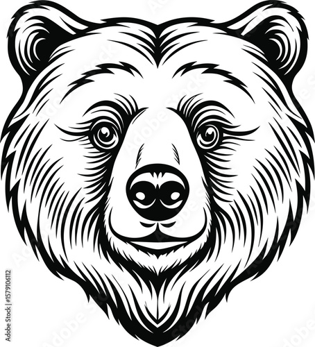 Bear Head Mascot Logo Illustration. Black and white vector illustration of a grizzly or brown bear face. Strong wild animal symbol for a sports team, emblem, or tattoo design.