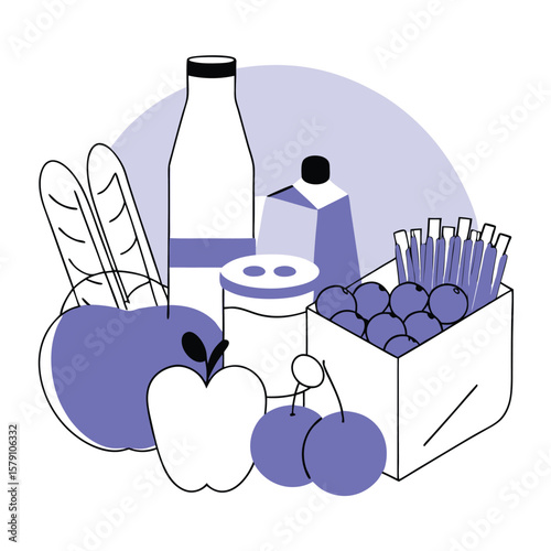 An arrangement of bread, milk, fruit, and other items presents a wholesome view