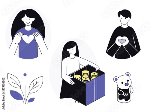 Charity and giving concepts illustrated with loving gestures and financial support