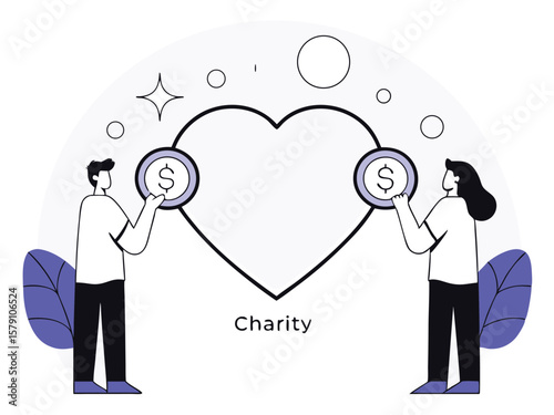 Charity donation and giving illustration depicting people holding coins and heart