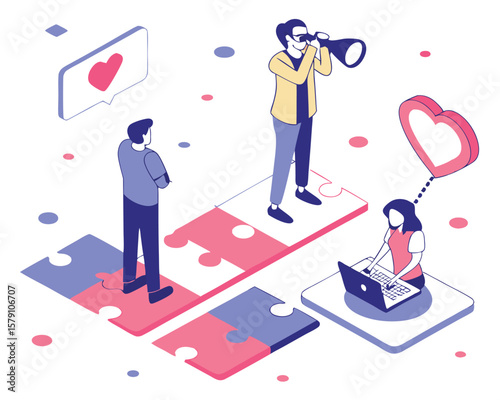 Collaborative teamwork and digital love theme illustrated in isometric vector style