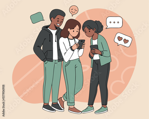 Diverse group of friends engaged in texting and social media on smartphones