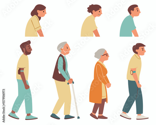 Diverse group of people walking profile views illustration suitable for design projects