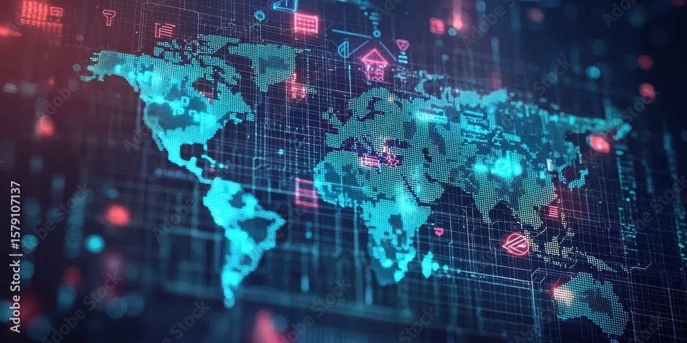Obraz premium Economy exchange world concept. Digital world map with futuristic data and technology elements in vibrant colors.