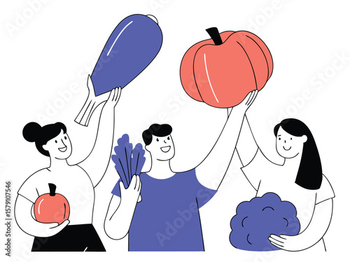 Happy people celebrating harvest with vegetables showing healthy eating and fresh produce