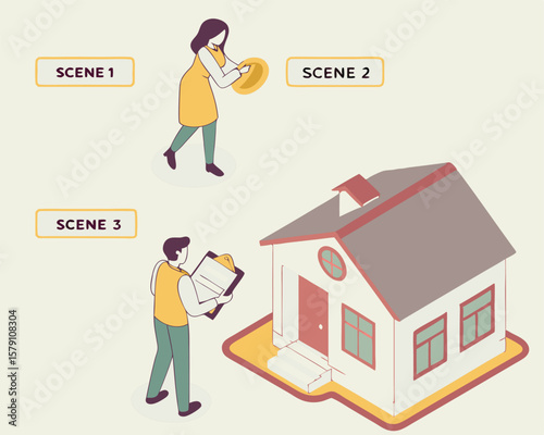 Isometric illustration of real estate inspection with house and inspectors with transparency.